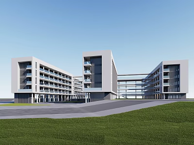 Modern School Building Complex with Multi Story White Exterior Glass Windows and Green Area 3d model
