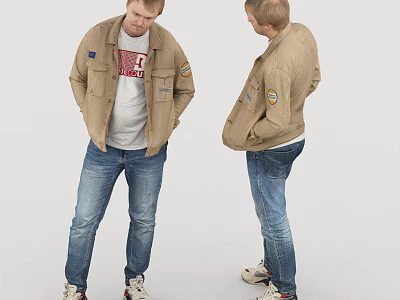 Man Wearing Beige Jacket With Patches White T-shirt Blue Jeans And Sneakers 3d model