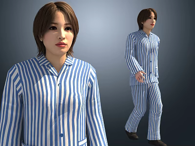 Woman in Casual Blue and White Striped Pajamas Full Body Portrait View 3d model