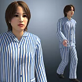 Woman in Casual Blue and White Striped Pajamas Full Body Portrait View