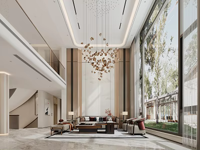 Spacious Modern Living and Dining Room with Large Windows Natural Light and Chandelier 3d model