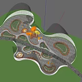 Tropical Park Landscape With Winding Pathways Circular Beds Palm Trees Yellow Accents And Lush Greenery