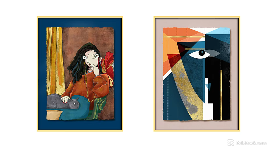 Two Decorative Paintings One with Woman Cat Chair Curtain Another Abstract Geometric Eye Design 3d model 