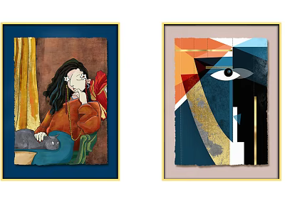 Two Decorative Paintings One with Woman Cat Chair Curtain Another Abstract Geometric Eye Design 3d model