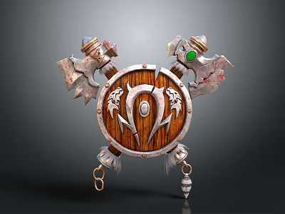 Vintage Powerful Weapon Wooden Shield With Central Emblem And Decorative Metal Axes On Both Sides 3d model