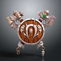 Vintage Powerful Weapon Wooden Shield With Central Emblem And Decorative Metal Axes On Both Sides