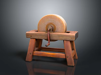 Traditional Manual Household Stone Mill with Wooden Stand Grinding Wheel and Handle 3d model
