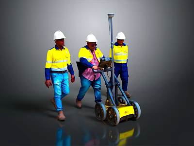 Construction Workers In Yellow Safety Vests Pushing Surveying Equipment With White Hard Hats 3d model