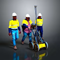 Construction Workers In Yellow Safety Vests Pushing Surveying Equipment With White Hard Hats