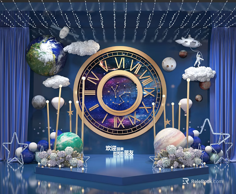 Magical Stage Decoration With Large Clock Planets Globe Clouds And Stars 3d model 