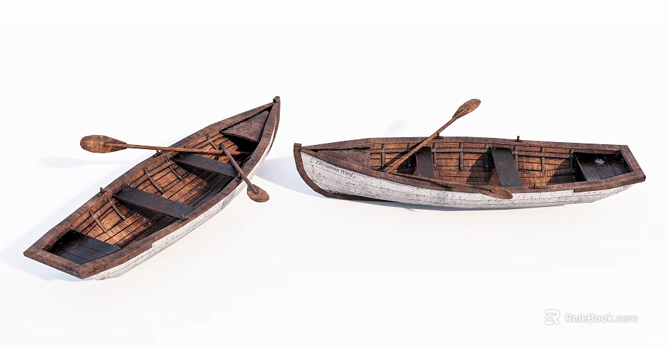 Two Detailed Wooden Boats With Wooden Paddles And Brown White Hulls 3d model 