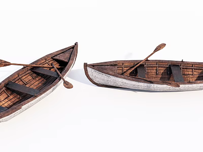 Two Detailed Wooden Boats With Wooden Paddles And Brown White Hulls 3d model