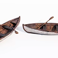 Two Detailed Wooden Boats With Wooden Paddles And Brown White Hulls