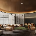 Elegant Modern Sales Office Interior With Curved Golden Ceiling And Comfortable Leisure Seating Area
