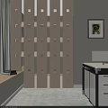 Beige Room Divider with Vertical Panels Square Cutouts in Interior with Window Desk and Bookshelf