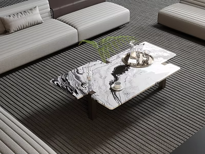 Modern Living Room With Marble Coffee Table Sofa Plant And Striped Rug 3d model