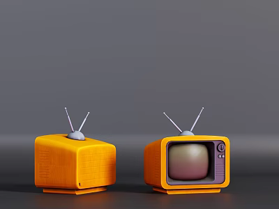 Two Vintage Yellow TVs With Antennas One Black Screen One Displaying Content On Gray Background 3d model