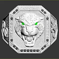 Silver Lion Head Ring With Green Eyes Black Gemstones And Decorative Patterns