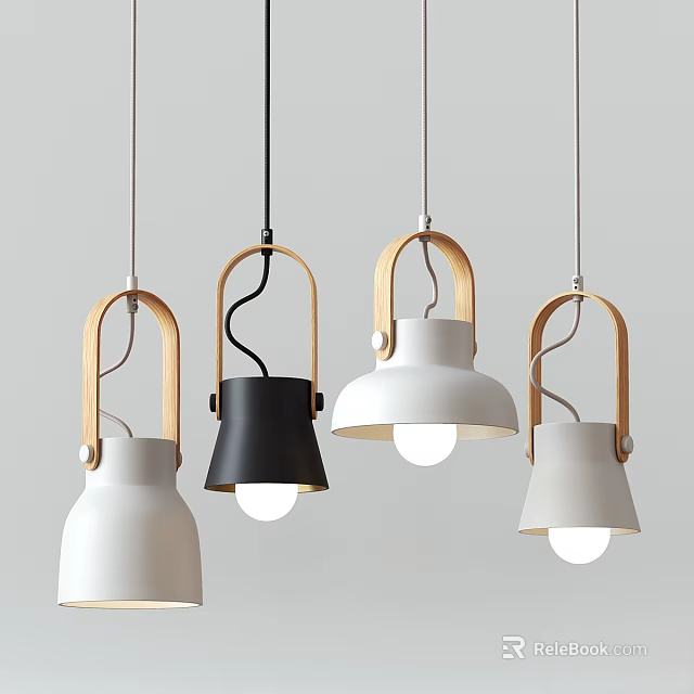 Modern Minimalist Pendant Lights With White Black Shades And Wooden Accents 3d model 