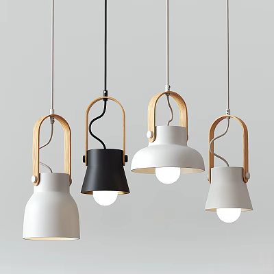 Modern Minimalist Pendant Lights With White Black Shades And Wooden Accents 3d model