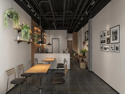 Cozy Cafe Interior With Hanging Plants Wooden Shelves Dark Tiled Floor And Framed 3d model