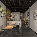Cozy Cafe Interior With Hanging Plants Wooden Shelves Dark Tiled Floor And Framed