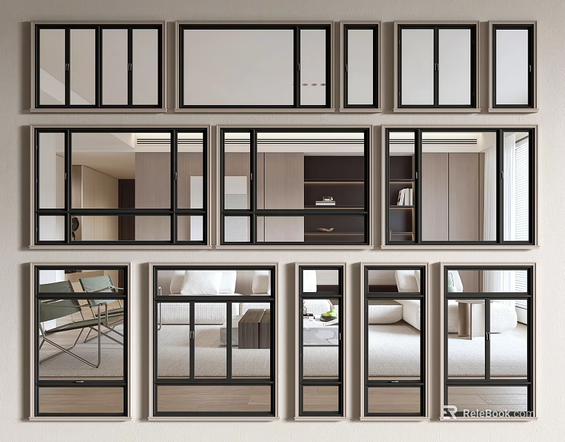 Modern Black Frame Casement Windows With Transparent Glass And Interior Views 3d model 