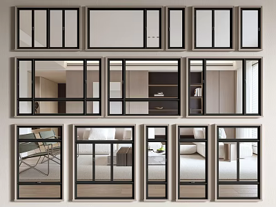 Modern Black Frame Casement Windows With Transparent Glass And Interior Views 3d model