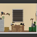 Cartoon Style Room Interior With Yellow Walls Window Blinds Green Sofa Wooden Desk Pink Carpet