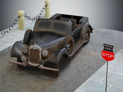 Rusty Vintage Car Parked Near Red Stop Sign With Yellow Bollards And Chains 3d model