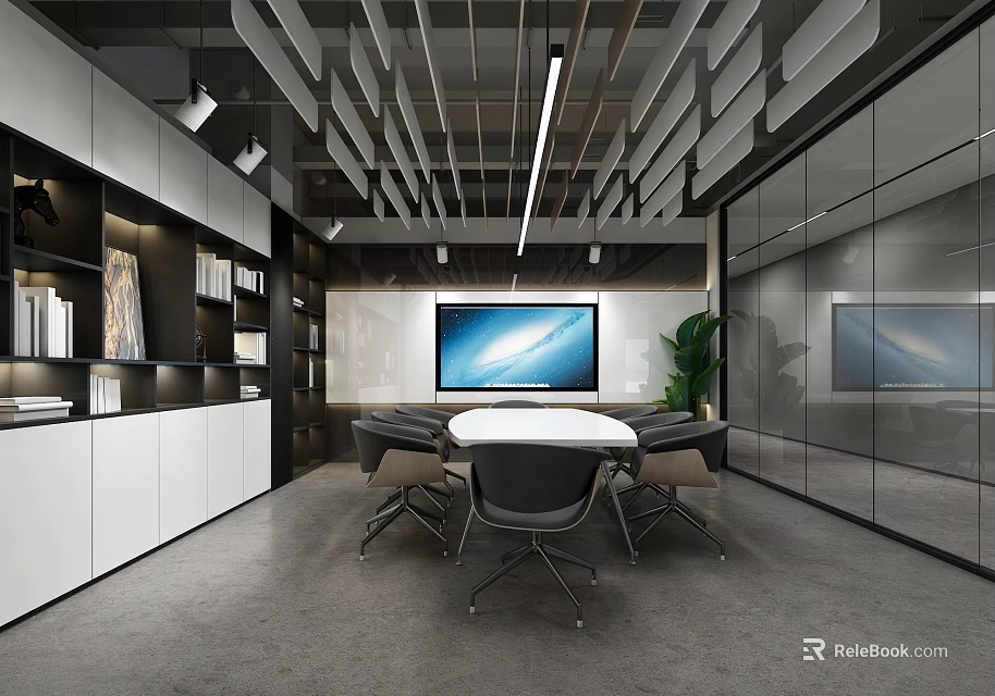 Modern Conference Room Interior With Round Meeting Table Chairs Large Screen Bookshelves And Glass Partitions 3d model 