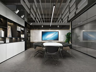 Modern Conference Room Interior With Round Meeting Table Chairs Large Screen Bookshelves And Glass Partitions 3d model