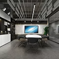 Modern Conference Room Interior With Round Meeting Table Chairs Large Screen Bookshelves And Glass Partitions