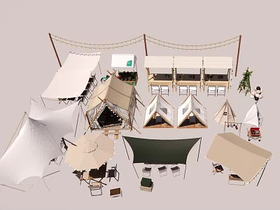Scenic Camping Site With Multiple Tents Awnings Tables Chairs And String Lights 3d model