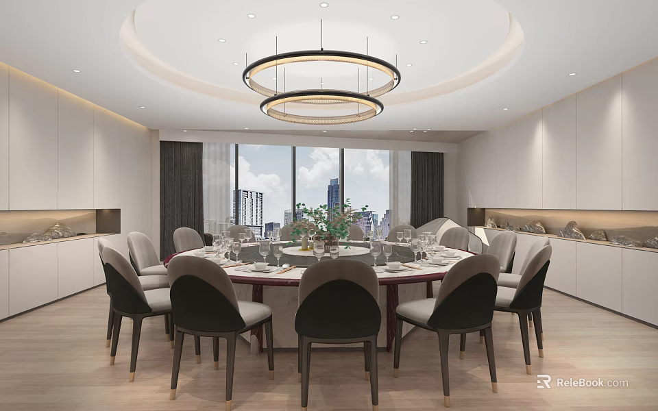 Private Dining Room With Round Dining Table Chandelier And City View Windows 3d model