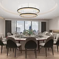 Private Dining Room With Round Dining Table Chandelier And City View Windows 3d model