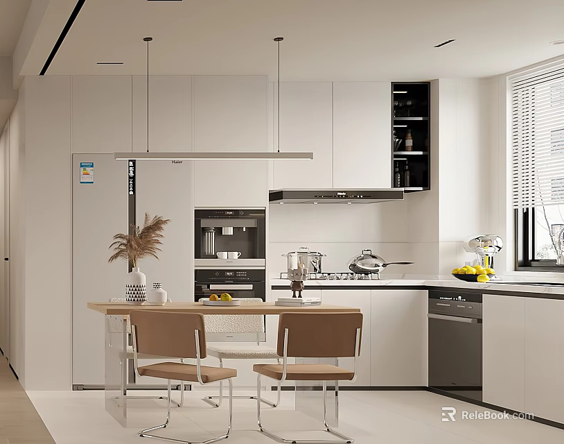 Modern Restaurant Open Kitchen Interior With White Cabinets Pendant Lights Dining Chairs And Fruit Decor 3d model 