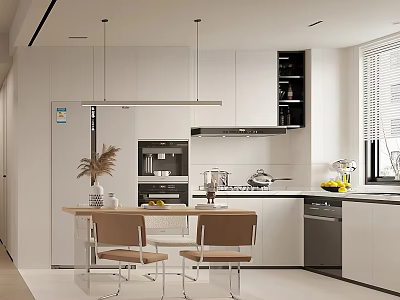 Modern Restaurant Open Kitchen Interior With White Cabinets Pendant Lights Dining Chairs And Fruit Decor 3d model