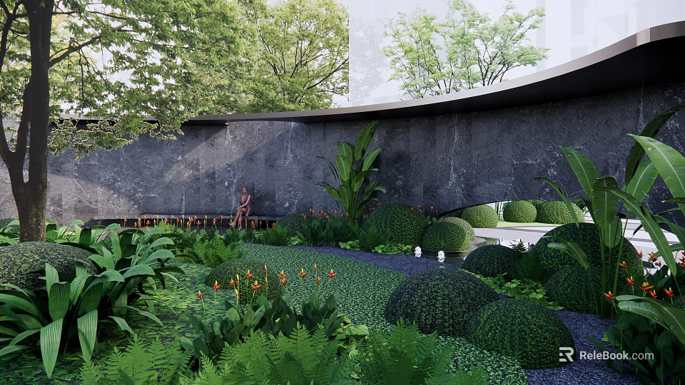 Serene Relaxation Area With Lush Green Plants Stone Wall Fountain And Round Shrubs 3d model 
