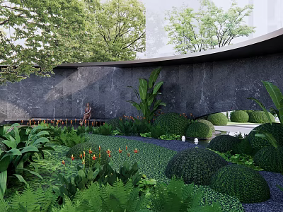 Serene Relaxation Area With Lush Green Plants Stone Wall Fountain And Round Shrubs 3d model