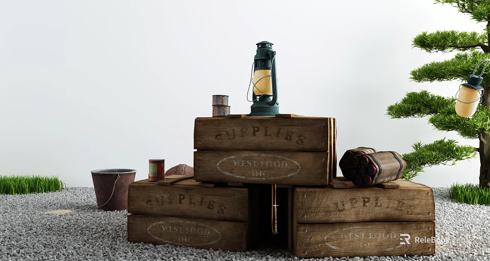 Vintage Style Wooden Crates Arrangement With Lantern And Decor Items 3d model 