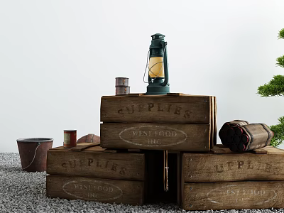 Vintage Style Wooden Crates Arrangement With Lantern And Decor Items 3d model