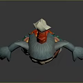 Blue Skinned Fantasy Creature with Big Ears Red Hat and Red Gold Outfit Standing