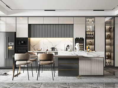 Elegant Modern Kitchen Interior Design With Island Countertop Cabinets Dining Chairs And Appliances 3d model