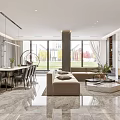 Modern Open Dining and Living Room Interior With Marble Floor And Wooden Panels