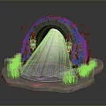 Enchanted Archway With Pink Flowers Vines Lanterns Circular Stone Slab And Green Grass
