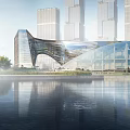 Modern Arched Building Exterior With Glass Curtain Walls Sunset Scene People And Car