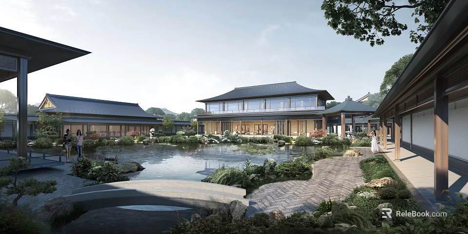 Traditional Chinese Courtyard With Pond Stone Path Garden Plants And Landscape 3d model 