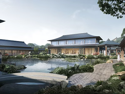 Traditional Chinese Courtyard With Pond Stone Path Garden Plants And Landscape 3d model