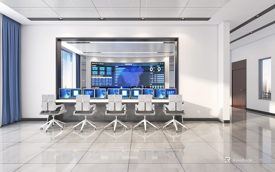 Modern Control Room With Multiple Large Screens Data Displays Control Consoles And Ergonomic Chairs 3d model